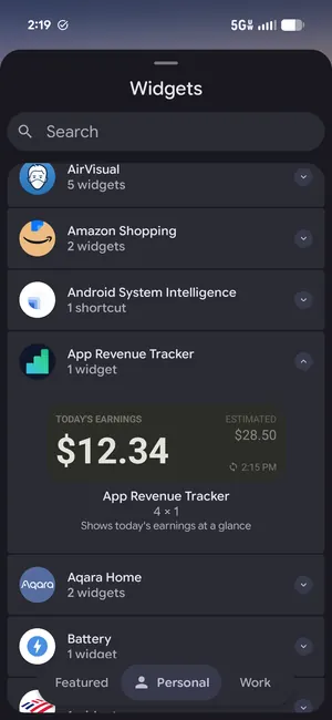 App Revenue Tracker's home-screen widget