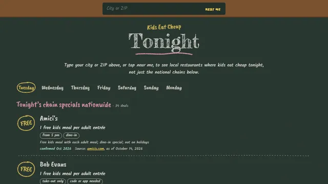 Kids Eat Cheap Tonight's home page listing tonight's restaurant deals