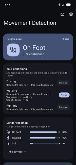 Movement Detection showing live activity status