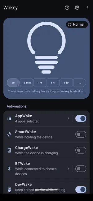 Wakey's main screen with the screen-on light off and its automations below